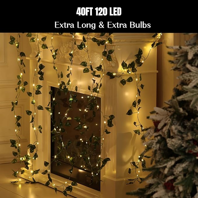 2 Pack Vines with Fairy Lights 40ft 120 LED Pothos String Lights USB Plugin & Battery Operated Leaf Lights with Timer 8 Modes Remote Decorative Light for Bedroom Wedding Party - Warm White