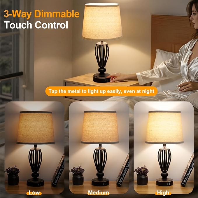 USB Bedside Lamp, 3-Way Dimmable Touch Table Lamp with USB C+A Charging Ports Industrial Table Lamp Black Metal Base Farmhouse Reading Lamp for Bedroom, Living Room, Office or Study LED Bulb Included
