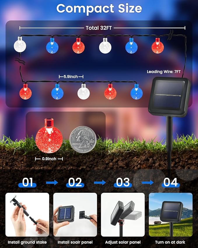 2-Pack Red White and Blue Crystal Globe Solar String Lights Outdoor, 64FT 100 LED Waterproof 4th of July Decorations, Solar Patriotic Lights 8 Lighting Modes for Memorial Day Independence Day Yard