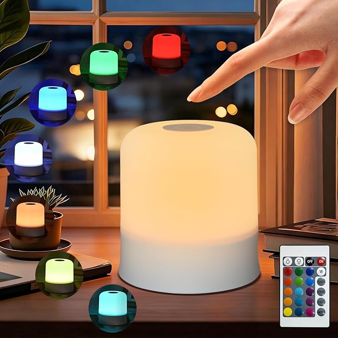 Night Light Bedside Lamp with Touch and Remote Control, 13 RGB Colors Changing 5 Brightness Dimmable Table lamp, Rechargeable Portable Desk Lamp for Baby Kids Nursery Bedroom Outdoor Camping
