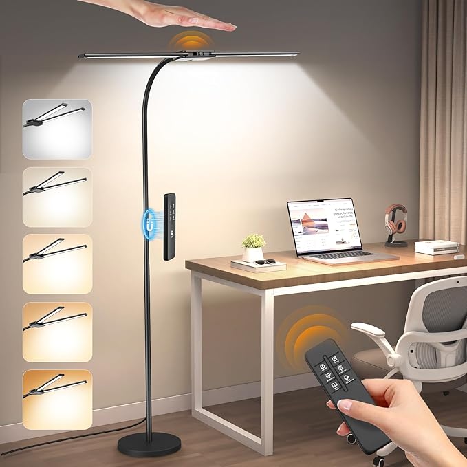 Syrinx LED Floor Lamp, 14W 2000LM Bright Reading Floor Lamp for Office, Gesture & Remote Control, Dual Head Goose-Neck Standing Lamp, Dimmable Brightness & Color Temp, Eye Caring Light for Living Room