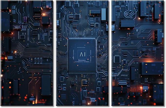 3 Panel Canvas Prints Motherboard Digital Chip Wall Art Circuit Board Pictures Wall Painting Advanced Circuitry Artwork for Home Decor Stretched and Framed Ready to Hang (42"Wx28"H)