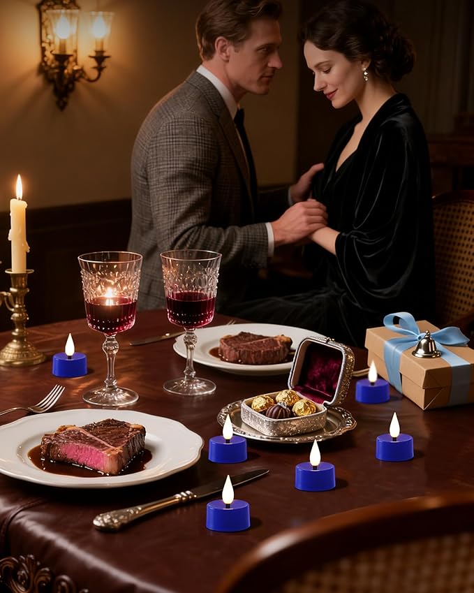 Amagic Flameless Blue Timer Remote Tealights Candles, 3D Black Wick Flickering Tea Light, 300+Hour Colored Votive Candles Battery Operated, Set of 12 for Wedding, Theme Party, Aniversary, Halloween