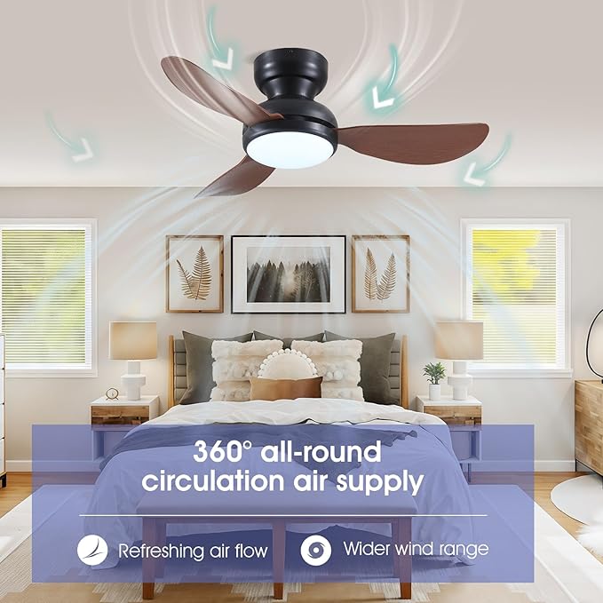 36 Inch Ceiling Fans with Lights, Small Flush Mount Ceiling Fan, Remote/APP Control, 3 Reversible Curved Blades, 6 Speeds, 3 CCT Dimmable Lights for Bedroom Kids Room, Brown