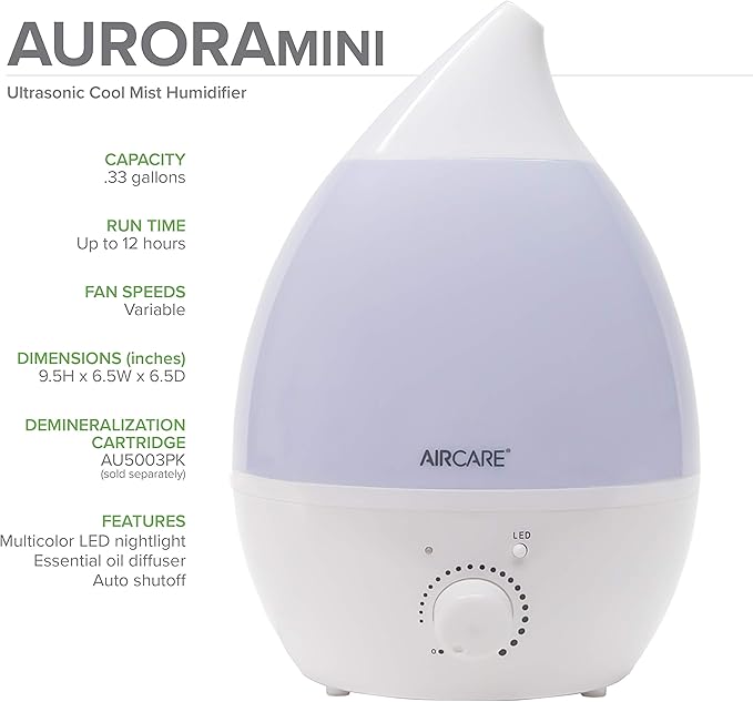 AIRCARE Ultrasonic Cool Mist Humidifier,Whisper-Quiet, Multi Color LED Light, Aroma Therapy Essential Oil Diffuser for Home, Bedroom, Baby, Nursery, Yoga, Spa and Office (white, .33 gal)
