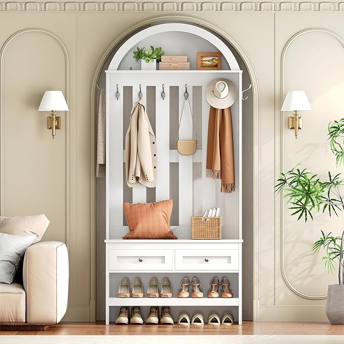 Hall Tree with Bench, Coat and Shoe Rack Entryway, Arched Entryway Organizer with 8 Hooks, Coat Rack with Shoe Bench and 2 Drawers for Hallway, Mudroom, Entryway, White
