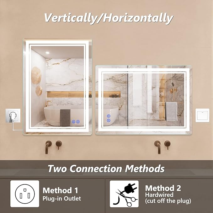 LED Lighted Mirror, 20x28 Inch Bathroom Vanity Mirror Wall Mounted with 3000K/4000K/6000K Adjustable, Anti-Fog, Smart Touch Button, Stepless Dimmable Makeup Mirror, Horizontal/Vertical