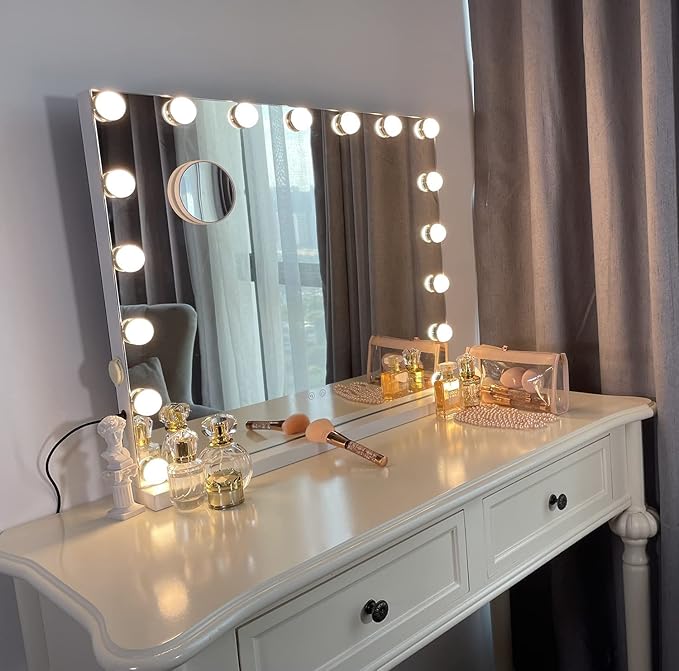 Kottova Vanity Mirror with Lights, 24.4"x21.2" Lighted Makeup Mirror with 3 Dimmable Color Modes,17 LED Hollywood Mirror with Touch Control, USB Charging Port, Tabletop & Wall-Mounted (White)