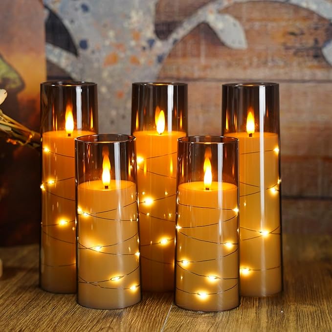 Flameless Candles with Embedded Star String, Battery Operated LED Pillar Candles with Timer and Remote Control,Home Decorating for Ambiance， Set of 7(Grey)