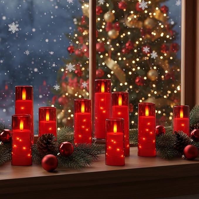 Raycare Flameless Candle with Remote Timer – 9 Flickering Acrylic Battery Operated LED Pillar Candles with Embedded Star String for Valentine's Day, Home Decor, and as a Gift (Red)