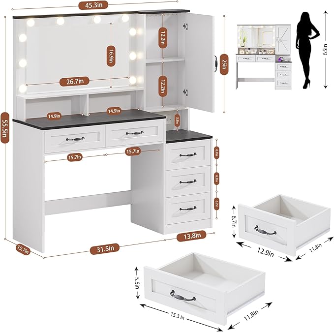 Farmhouse Vanity Desk Makeup Table with Mirror and 10 Lights, 45.3" Large Vanity Desk with Power Outlet, 5 Drawers, 1 Cabinet & 9 Jewelry Hooks, Dressing Table for Women Girls White & Black