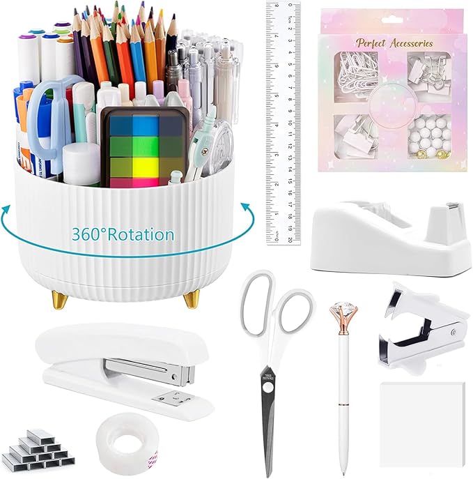 suniya Office Supplies,Desk Accessories,with Stapler,Tape Dispenser,Staple Remover,Scissor,Ballpoint Pen,Sticky Notes,Clear Tape,Staples,Desk Organizer,Ruler,Binder,Best Gift Set(White)