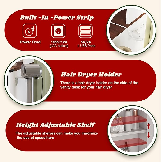 NUNU LAB Large Vanity Desk with Mirror and Lights with 5 Drawers, Women Makeup Table with Power Outlet, 3-Color Adjustable Lighting for Bedroom Brown (006 White & Brown, 39.37 * 17.75 * 58.27in)