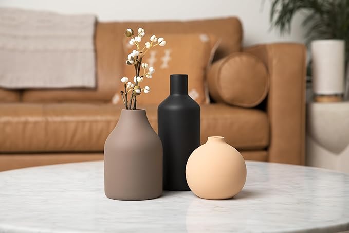 Ceramic Vase Set of 3 - Modern Farmhouse Decorative Vases for Home Decor. Boho, Rustic Vase, Small Neutral Pottery Vase Sets for Table, Shelf, Entryway, Living Room, Kitchen, Bedroom, Bathroom, Office