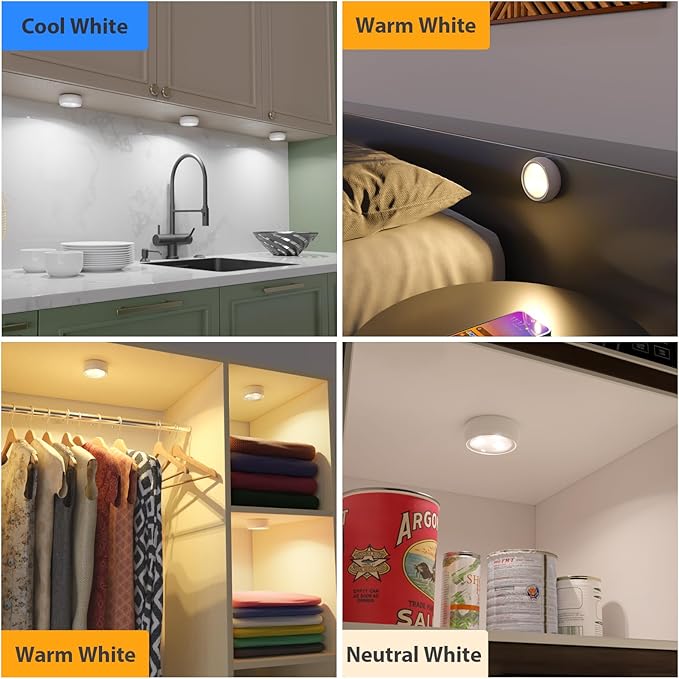 10 Pack LED Puck Light with Remote, 3 Color Battery Operated Dimmable Push Tap Light, Portable Under Cabinet Lighting Stick On, for Closet Kitchen