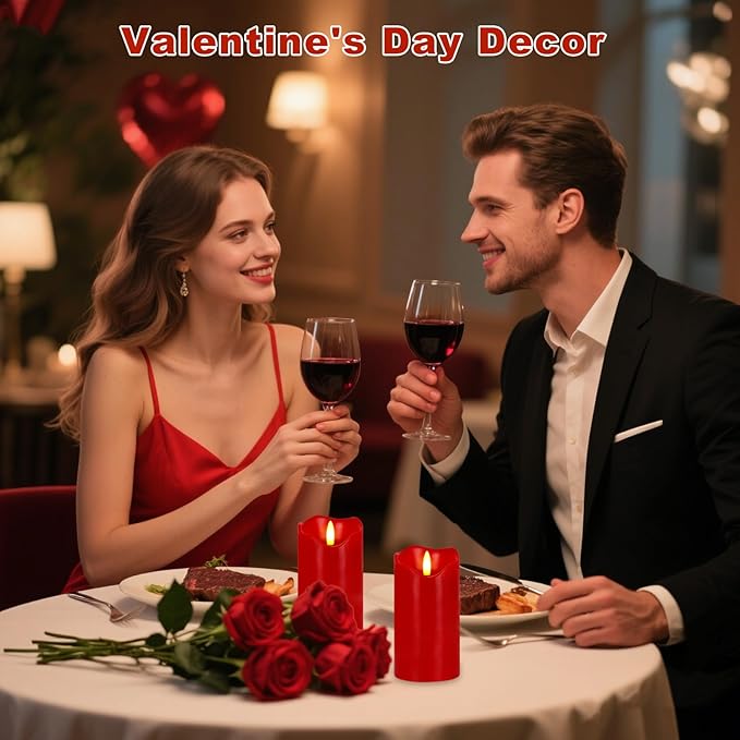 VEEKI Flameless Candles Light, Set of 2 6"x3" Flickering Christmas Flameless Candles with Remote & Timer, Dimmable Real Wax Pillar Candles Battery Operated, Red Candles for Home Xmas Decor (Red)