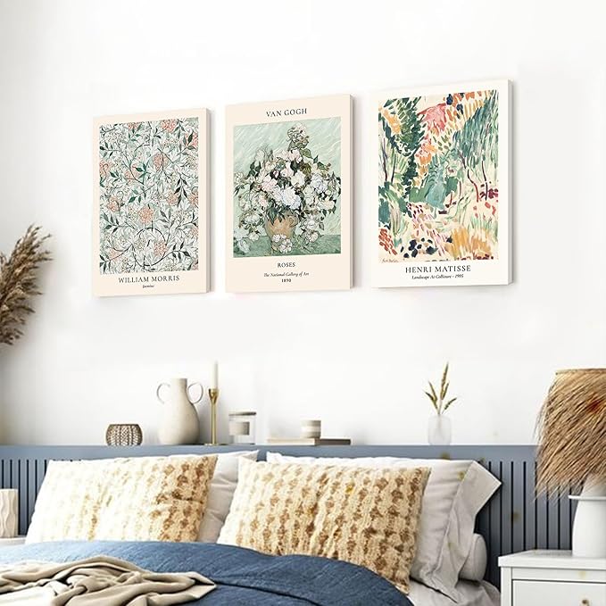 Sage Green Wall Decor Living Room,Matisse Wall Art Framed Abstract Van Gogh Wall Art for Bedroom,Aesthetic Modern Green Pictures Vintage Floral Boho Art Wall Decor for Bathroom,12"x16"