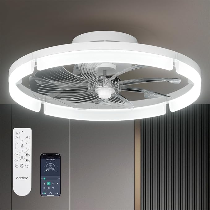 addlon Ceiling Fans with Lights and Remote, 20'' Low Profile Ceiling Fans, 3000-6000K Dimmable Modern Flush Mount LED Fan Light, Fandelier Ceiling Fan for Bedroom, Kitchen, Living Room, White