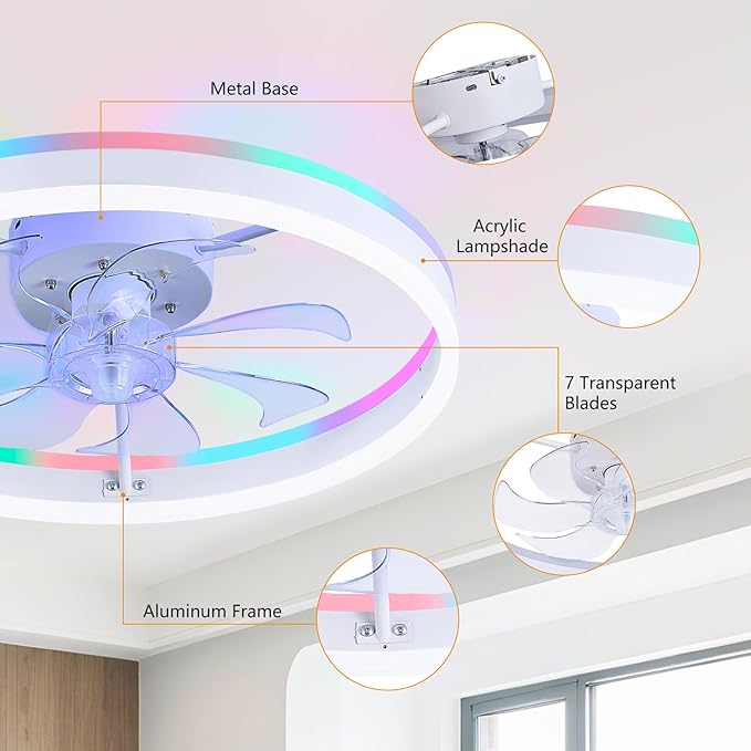 STERREN RGB Ceiling Fans with Lights, 20'' Smart LED Ceiling Fan with Remote/APP Control, Modern Low Profile Bladeless Chandelier Fan, Dimmable White Fandelier for Bedroom, Living Room, Kitchen