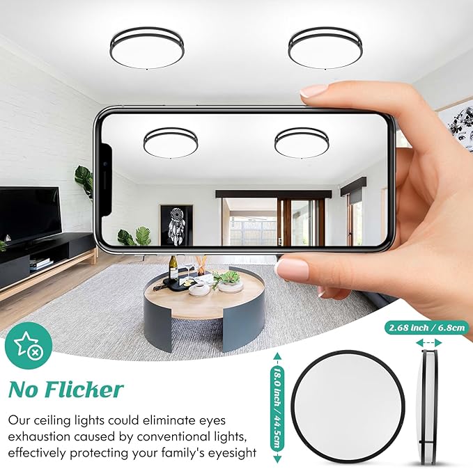 LED Flush Mount Ceiling Light Fixture, 18 Inch Dimmable 5CCT Selectable 2700K Warm White-6500K Super Bright Daylight White, 50W 6000LM Round Black Ceiling Lamps for Living Room Bedroom Kitchen, 1 Pack