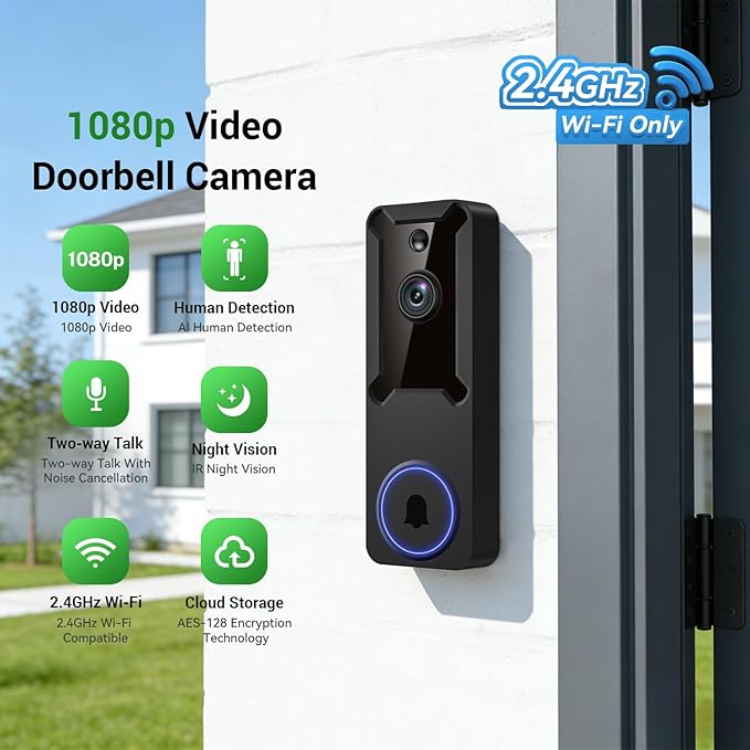 1080P Wireless Wi-Fi Video Doorbell Camera, Dome Home Security, Night Vision, Two-Way Audio, Cloud Storage, Smart AI Motion Detection, Live View, Battery Powered, Indoor Outdoor Surveillance