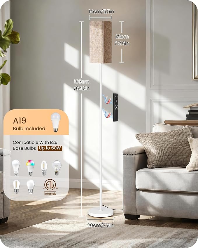64.2'' Dimmable Floor Lamp for Living Room with Remote and Foot Switch, Corner Floor Lamp for Bedroom, Includes 10W A19 Bulb, Modern Standing Tall Lamp, ETL Listed White and Beige WE17LD05