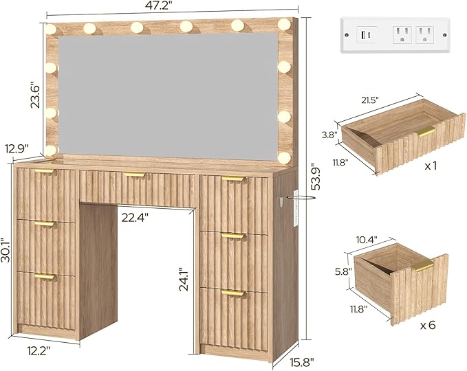47" Fluted Makeup Vanity Desk w/Large 42" Mirror & Ajustable LED Lights, Large 7 Drawers Vanity Table w/Glass Top&Charging Station, Makeup Dressing Table for Women&Girls, Bedroom or Dorm, Oak
