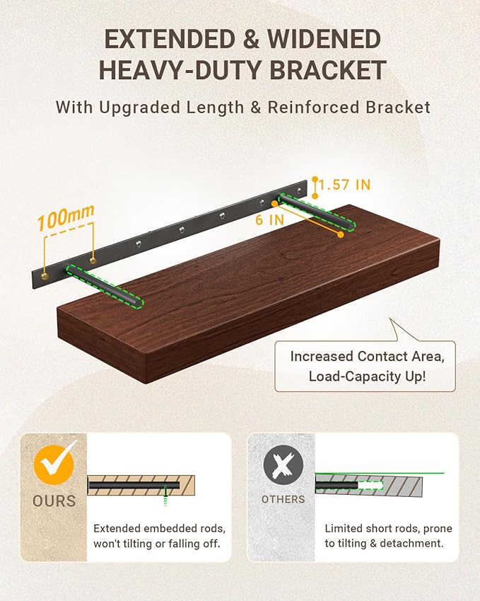 Walnut Floating Shelves, 2 Inch Thick Wooden Floating Shelves for Wall Mounted, 8 Inch Deep Shelves Over Toilet, 32"x8" Wall Shelves for Kitchen Living Room Bathroom, 50LBS Capacity, Set of 2