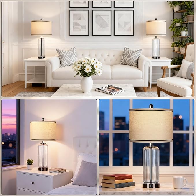 WIHTU Table Lamps Set of 2 with Vertical Grained Glass, 3-Way Dimmable Nightstand Lamp with Touch Control, 27" Modern Glass Bedside Lamps with USB A+C Ports, Glossy Black Desk Lamp for Bedroom