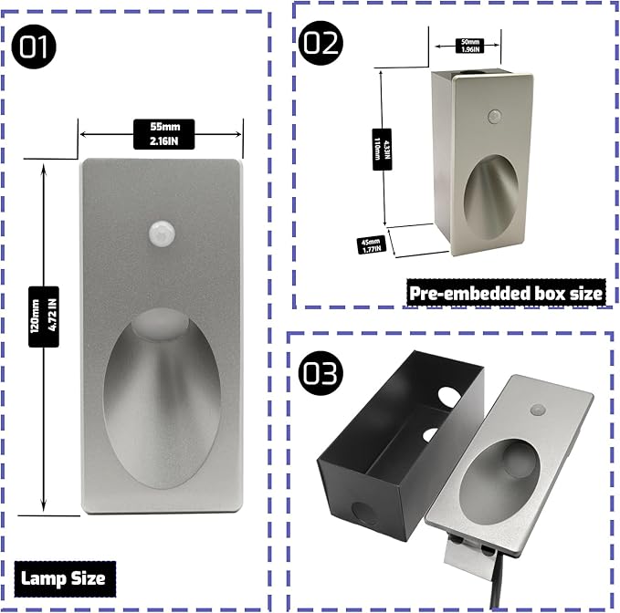 Inductive Step Lights, With Adjustable Color Temperature (2700k/4000k/6000k), 3w, Recessed Installation/Suitable For Stairs, Corridors, Aisles, Bedrooms, Glare-Free, Aluminum Casing (Matte Silver)