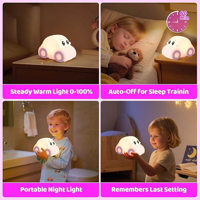 Cute Baby Toddler Car Kids Night Light for Kids, Dimmable+1800mAh Rechargeable+Timer+Portable+Silicone+Squishy, Touch Breastfeeding Bedside Night Lamp, Funny Girls Boy Gifts