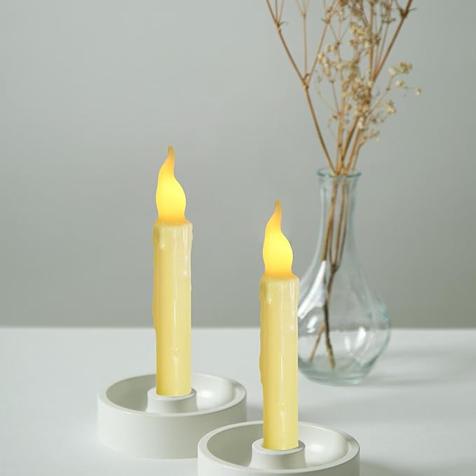 Yellow Flameless Short Taper Candles, Real Wax Hand Dipped LED Battery Operated with Remote, Flickering Flame Lights for Party Home Décor, 6.7 Inch Primitive Flameless Candles, 2PCS