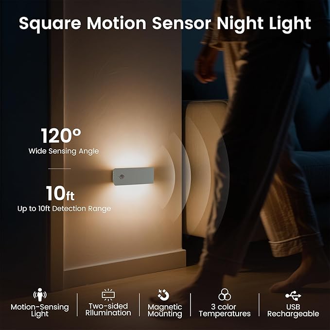 LED Backlit Motion Sensor Night Light, Rechargeable Night Light, Mini Stick-On Night Lights, Soft Two-Sided Glow, Magnetic, 3-Color Adjustable, for Bedroom, Toilet, Hallway & Cabinet (ABS *1pack)