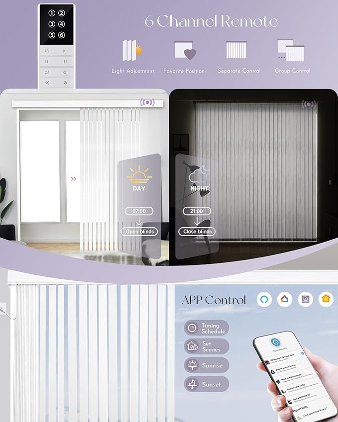Graywind Motorized Vertical Blinds Compatible with Alexa Google Privacy Reversible Blackout Smart Vertical Blind Remote Control Track Slats Set for Home Office(Dimout Streamline White)