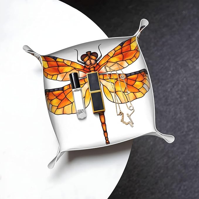 Stained Glass Dragonfly Simple Minimal Valet Tray Leather Desktop Storage Organizer Bedside for Jewelry Keys Coin Candy