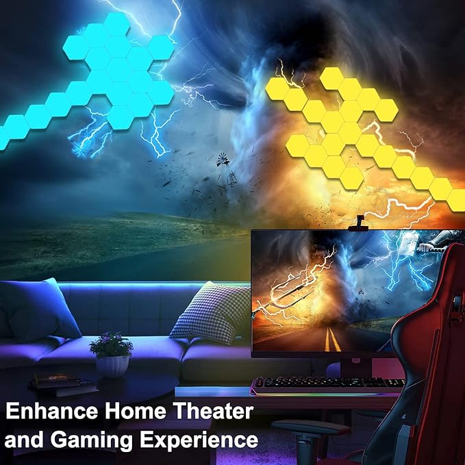 Hexagon Gaming Lights Remote Controlled, RGB LED Wall Lights Touch-Sensitive DIY Geometric Modular Light Panels with Stand, Infinitely Splicing for Gaming Living Room Bedroom TV Decor, 7 Pack
