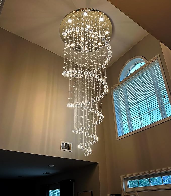LED High Ceiling Chandelier Crystal Chandeliers Light Fixtures with Dimmable Light Bulbs Gold Living Room Foyer Chandelier Modern Pendants Lights for Entryway Staircase Silver
