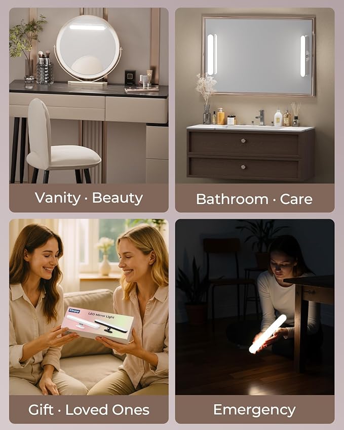 Wireless Vanity Makeup Lights for Mirror, 1600mAh Battery Operated Vanity Lights Cordless, Magnetic LED Light Bar Rechargeable Dresser Light, Stick On Make Up Light for Over Mirror, Bathroom
