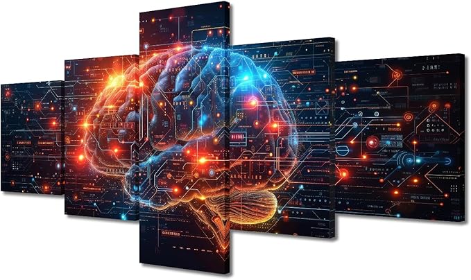 5 Panel Brain's Neural Networks Wall Art for Living Room Digital Code Pictures for Bedroom Wall Decor Artificial Intelligence Painting Wall Decorations for House Human Brain Prtins Artwork 50"Wx24"H