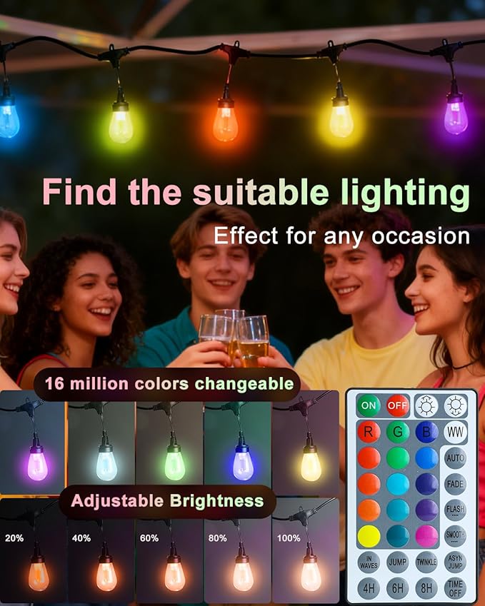 Lightdot 96FT Outdoor RGB String Lights,Outside Hanging Light Waterproof for Porch, Deck, Garden, Backyard, Balcony, Dimmable- ETL Listed