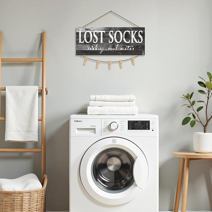 1 KINGO Laundry Lost Socks Rustic Sign Wall Decor for Washroom, Farmhouse Black Lost Socks Seeking Soul Mates Canvas Print Art, Rustic Plaque Bathroom Decoration 6" x 15"