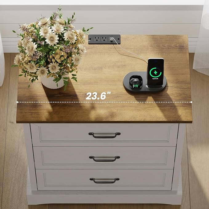 NightStand Set of 2 with Charging Station, Farmhouse 23.6" W Bedside Table with 4 Drawers, Night Stand for Bedroom, Home Office, White & Brown