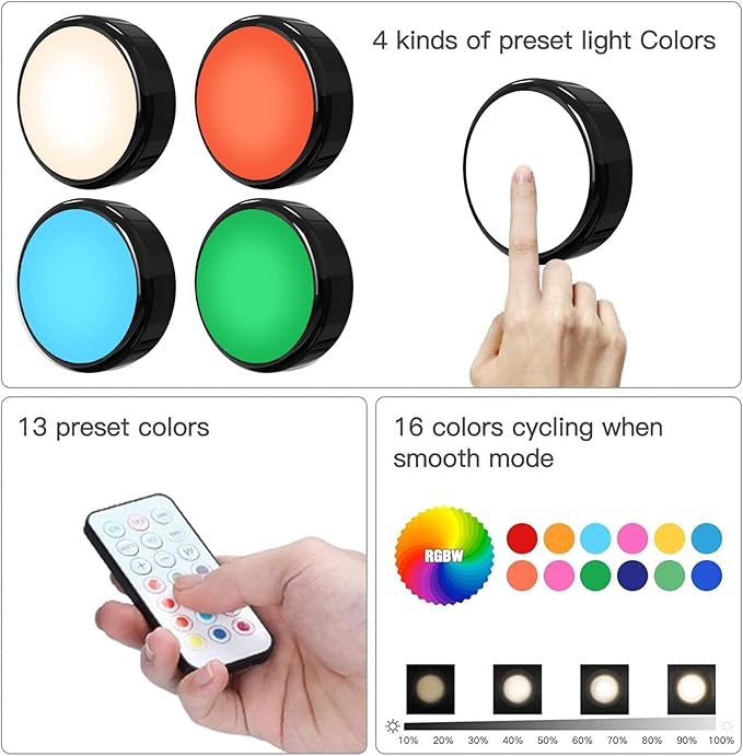 HELPLEX LED Puck Lights with Remote, 3 Pack Color Changing RGBW Stick-On Light, Battery Powered, Dimmable Under Cabinet Lighting with Timer & Memory, Wireless Push Lights for Kitchen & Closet, Black