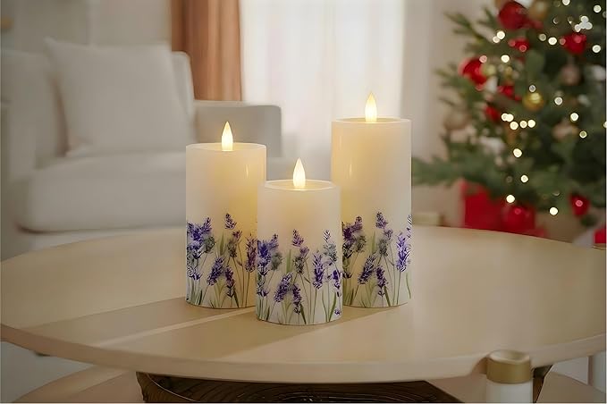 Lilac Flower Flameless Pillar Candles, Set of 3 Real Wax LED Candles with Remote Timer, 3D Moving Flame, Battery Operated (2AA) Up to 400 Hours, Spring Decor