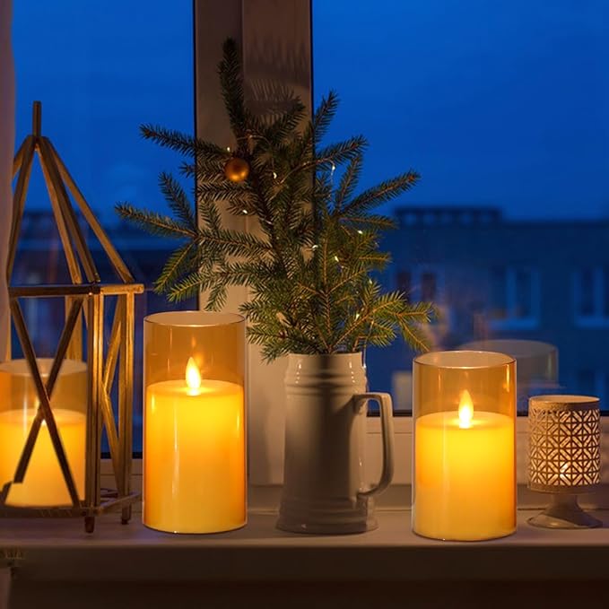 Wondise Flameless Flickering Candles with Remote and Timer, Battery Operated with Moving Wick, Glass LED Candles with Real Wax for Halloween Christmas Home Dinner Decoration (Gold