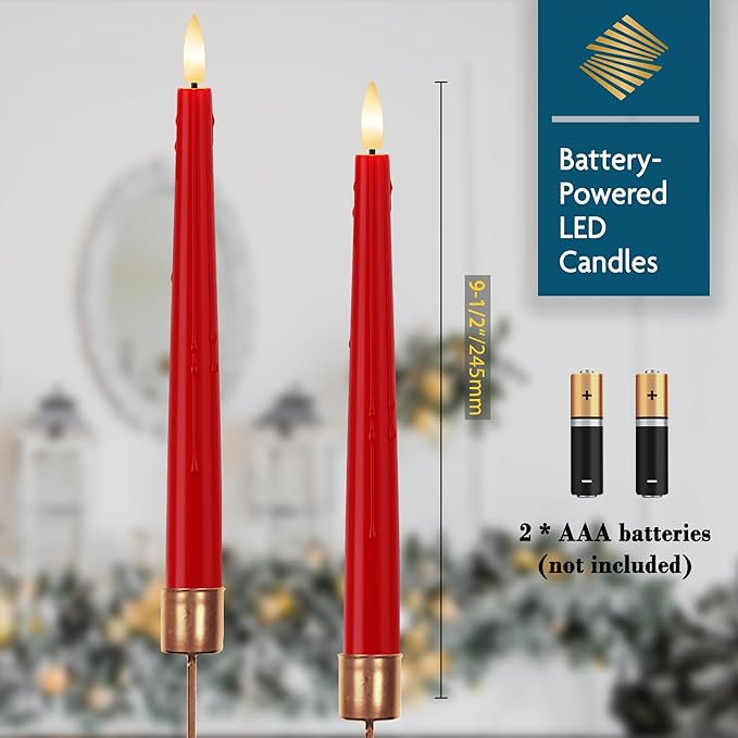 Red Flameless Taper Candles 9.6" Christmas LED Candles Real Wax with Remote Timer, Battery Operated LED Candles Set with 3D Flickering Flame, Classic Flickering Candlesticks for Home, Party, 3 Pack