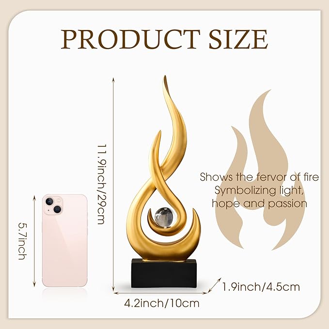 Gold Flame Statue Decor for Living Room, 11.8″ H Modern Minimalist Sculptures Home Decorations for Dining Room, Abstract Art Sculpture for Shelf Coffee Table Centerpiece