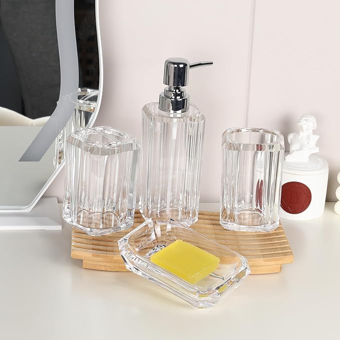 4-Piece Crystal Clear Bathroom Accessories Set — Soap Dispenser, Soap Dish, Mouthwash Cup & Toothbrush Holder, Transparent Acrylic Vanity Organizer, Fits Any Fixture Color or Style