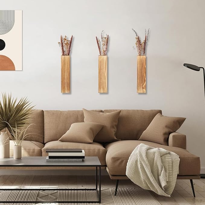 Wooden Wall Planter Set of 3 - Modern Home Decor for Living Room, Bedroom, Bathroom - Brown Finish Planter for Dried Flowers, Faux Greenery, Indoor Plants