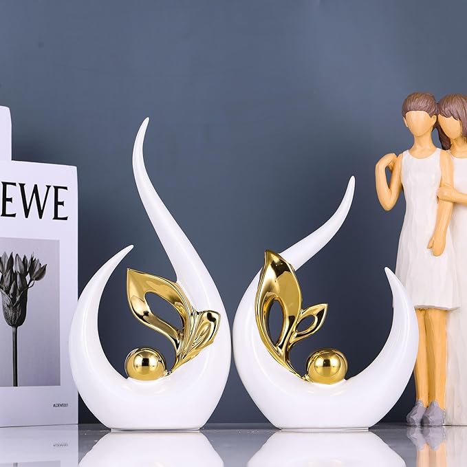 XMGZQ White Gold Ceramic Statues for Home Décor Accents,Abstract Art Mid Century Modern Decor,Elegante Centerpiece Table Decorations,Gold Sculpture for Entryway,Tv Stand,Mantel,Coffee Table